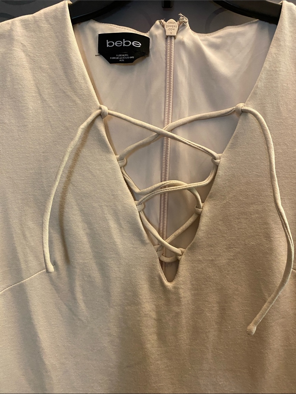 bebe Lace-Up V-Neck Dress in Cream